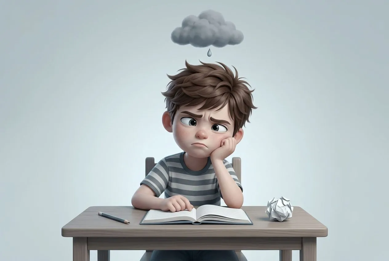 A frustrated boy in front of his homework