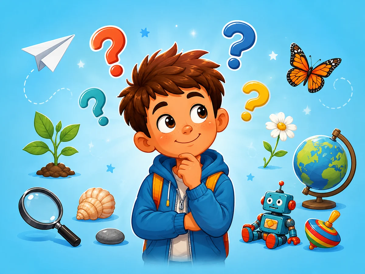 A curious boy surrounded by questions and discoveries