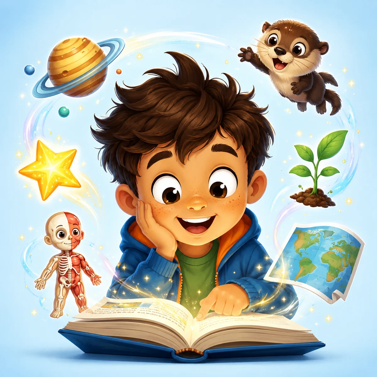 A boy discovering ideas inside a book