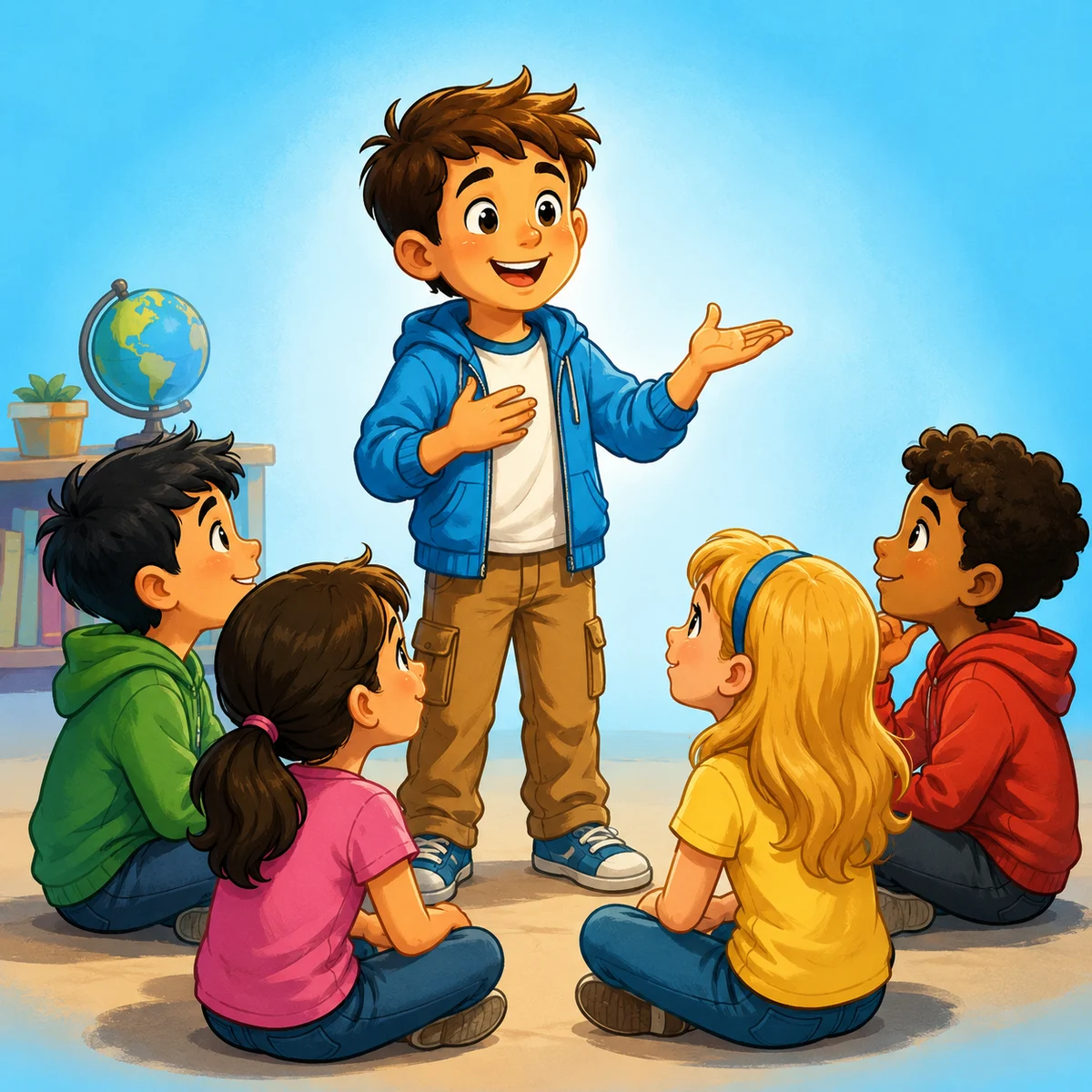 A boy speaking confidently in front of his friends