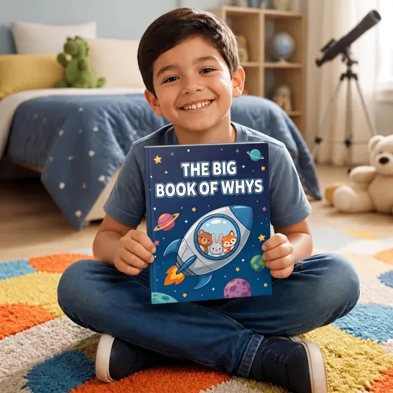 Benjamín, from Buenos Aires, Argentina, sitting in his room with The Big Book of Whys