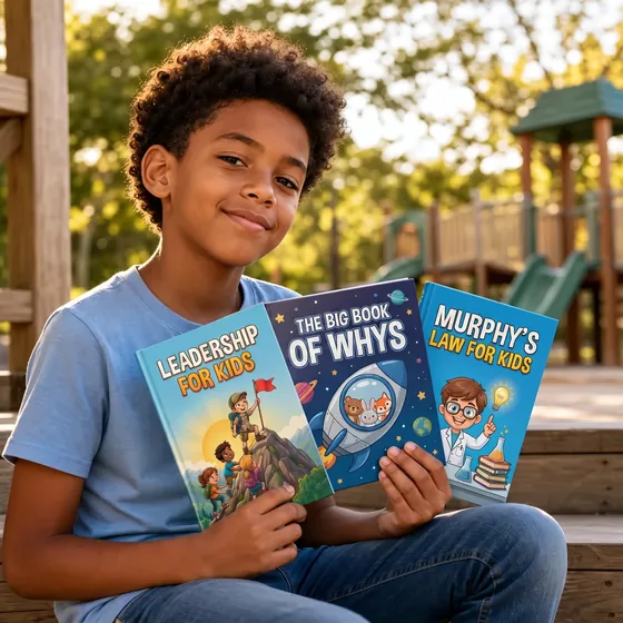 Lucas, from Salvador, Brazil, at the park with three of his books