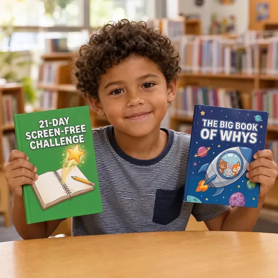 Samuel, from Cartagena, Colombia, at the library with The 21-Day Screen-Free Challenge and The Big Book of Whys