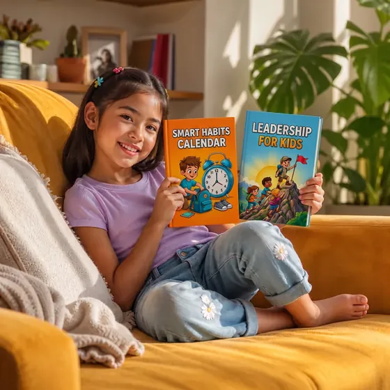 Camila, from Lima, Peru, on the couch with The Smart Habits Calendar and Leadership for Kids