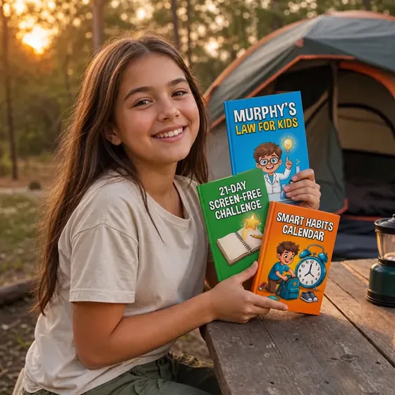 Delfina, from Córdoba, Argentina, camping with three of her books