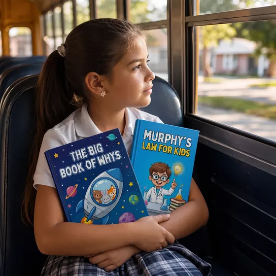 Isabella, from San José, Costa Rica, on the bus with The Big Book of Whys and Murphy’s Law for Kids
