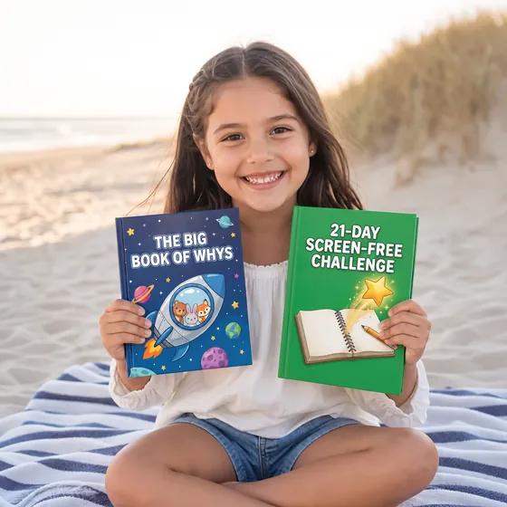 Regina, from Cancún, Mexico, at the beach with The Big Book of Whys and The 21-Day Screen-Free Challenge