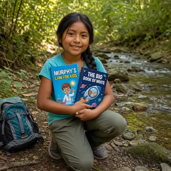 Luciana, from Cusco, Peru, beside the stream with Murphy’s Law for Kids and The Big Book of Whys