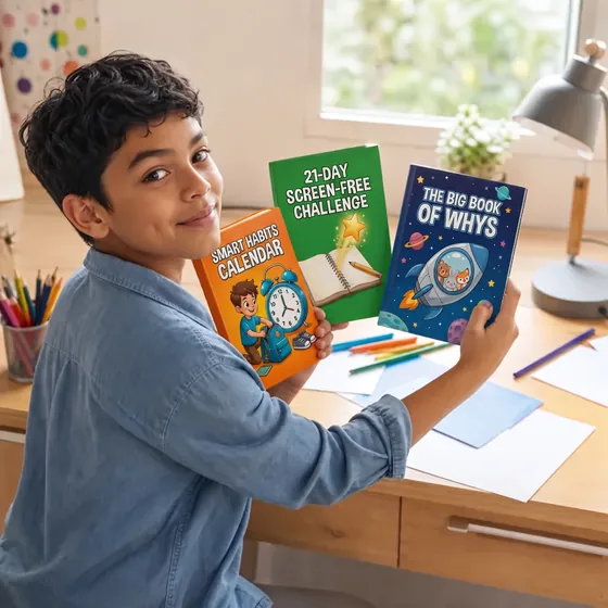 Santiago, from Monterrey, Mexico, at his desk with three of his books
